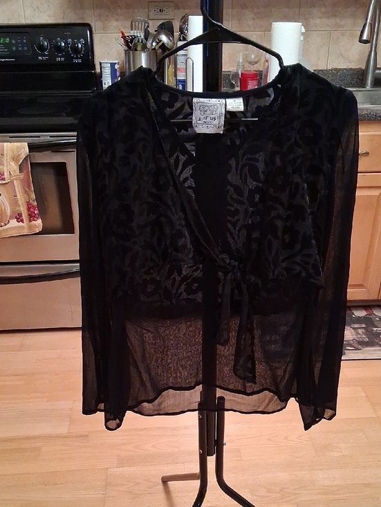 2 of us nyc Tops - Sheer Black Velvet Burnout Tie-Front Blouse